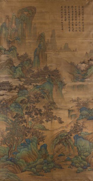 null Grande peinture sur soie représentant des pagodes dans un paysage montagneux...