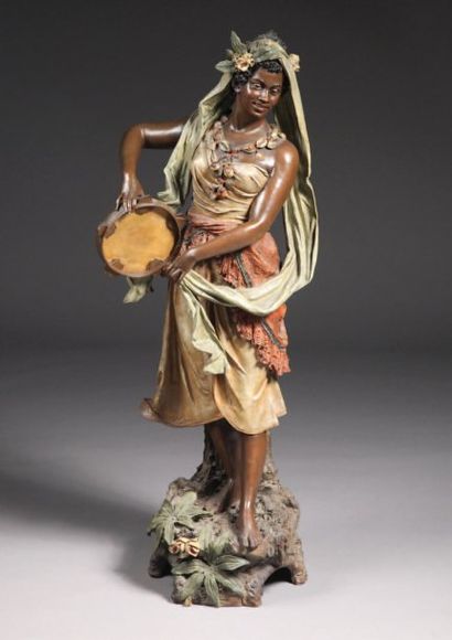 GOLDSCHEIDER, Friedrich (1845-1897) La joueuse de tambourin Epreuve en terre cuite...