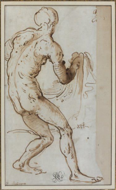 Entourage de Girolamo ROMANINO (1484 / 87-1562) Figure d'homme nu de dos tenant un...