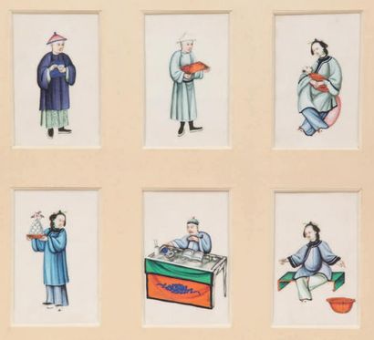 CHINE, Canton - Fin du XIXe siècle Deux cadres ornées de six petites gouaches sur...