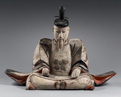 JAPON - Milieu Epoque EDO (1603-1868) Statuette de poète en bois laqué polychrome,...