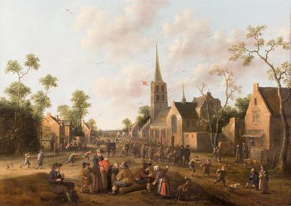 Joost Cornelis DROOCHSLOOT (Utrecht, 1586-1666) Procession sur une place de village
Panneau,...