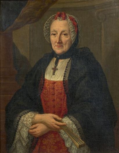 Ecole francaise vers 1760 Portrait de femme à l'éventail (Madame Geoffrin)
Toile.
(Manques...