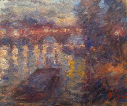 Pierre GOGOIS (1935) 
Vue de nuit du Pont royal et du musée d'Orsay
Huile sur toile.
Signée...