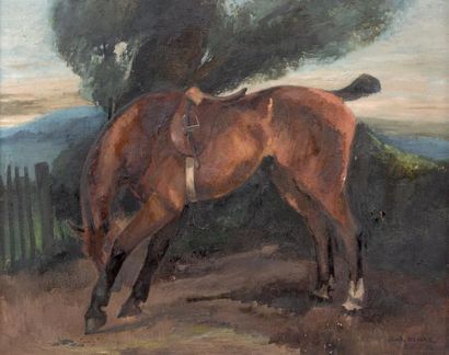 André MARE (1855-1932) 
Cheval sellé devant une barrière, 1926
Huile sur toile signée...