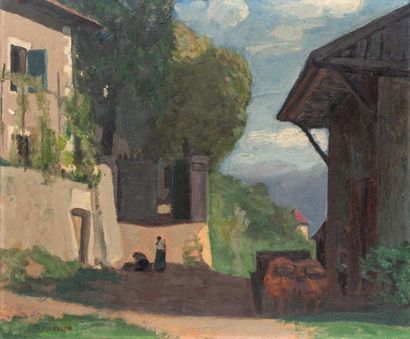 Jules FLANDRIN (1871-1947) 
Paysage (ruelle animée dans un village montagneux)
Huile...