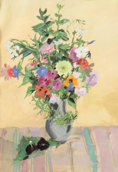 Dimitri BOUCHENE (1893-1993) 
Vase de fleurs à la nappe rouge
Gouache.
Signée en...