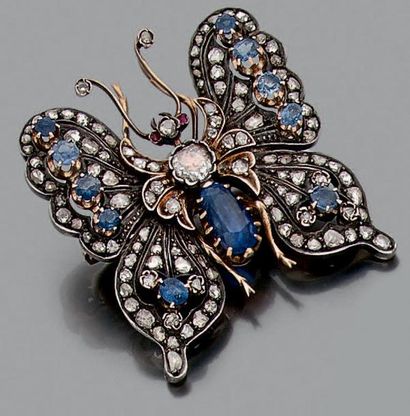 null Broche «papillon» en or rose 14 carats (585 millièmes) et argent (min. 800 millièmes)...