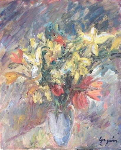 Pierre GOGOIS (1935) Bouquet de fleurs au vase blanc
Huile sur toile
Signée en bas...