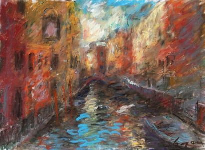 Pierre GOGOIS (1935) Venise Rio San Trovaso 
Technique mixte sur papier canson contrecollé...