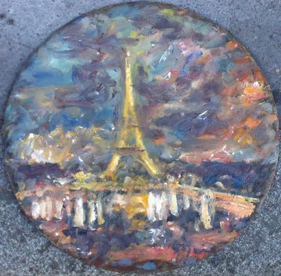 Pierre GOGOIS (1935) Jets d'eau devant la tour Eiffel 
Huile sur panneau rond 
Signé
diam...