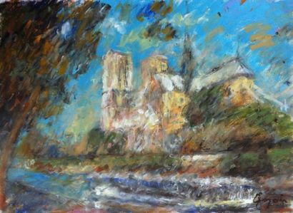 Pierre GOGOIS (1935) Bord de Seine et notre Dame 
Technique mixte sur papier canson...