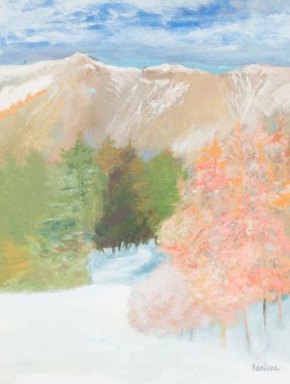 Guy Bardone (1927-2015) «Premières neiges dans le Jura»
Huile sur toile.
Signée en...