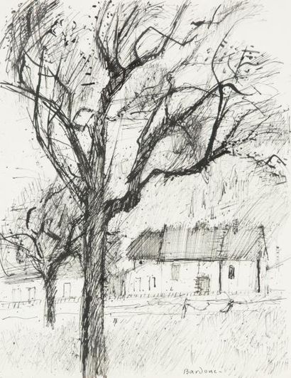 Guy Bardone (1927-2015) «Maisons et arbres à Vaux»
Encre sur papier.
Signé en bas...