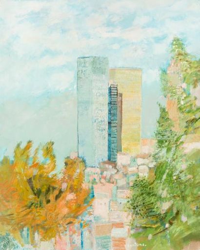 Guy Bardone (1927-2015) «Les tours»
Huile sur toile.
Signée en bas vers la droite.
81...