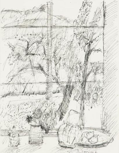 Guy Bardone (1927-2015) «Nature morte à la fenêtre, 61»
Encre sur papier.
Signé et...
