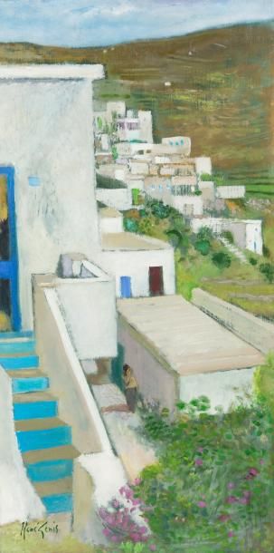 René GENIS (1922-2004) «L'escalier bleu à Sérifos»
Huile sur toile.
Signée en bas...