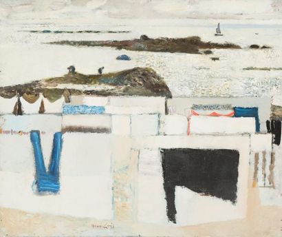 René GENIS (1922-2004) «Linge devant la mer»
Huile sur toile.
Signée en bas au milieu.
46...