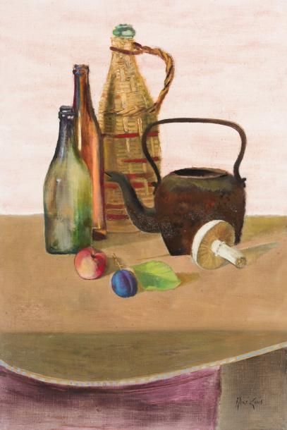 René GENIS (1922-2004) «La bouteille paillée»
Huile sur toile.
Signée en bas à droite,...
