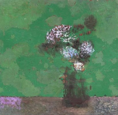 René GENIS (1922-2004) «Bouquet sur fond vert»
Huile sur panneau de contreplaqué.
Non...