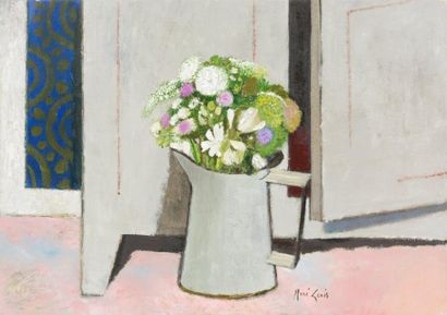 René GENIS (1922-2004) «Bouquet devant le placard»
Huile sur toile.
Signée en bas...