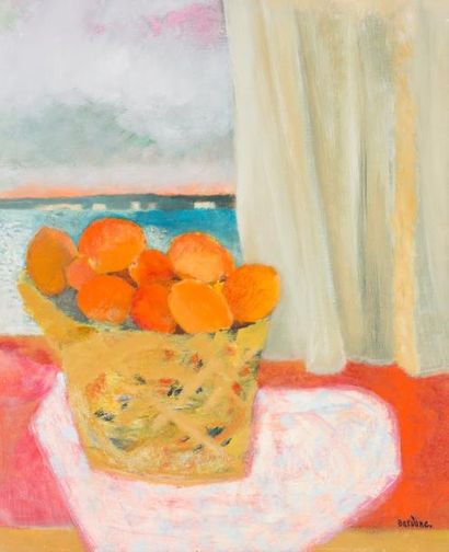 Guy Bardone (1927-2015) «Corbeille de fruits devant la mer»
Huile sur toile.
Signée...