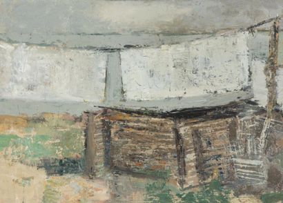 École du XXe siècle «Le linge»
Huile sur panneau d'isorel.
24,5 x 33,5 cm