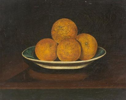 École du XXe siècle «Nature morte aux oranges»
Huile sur panneau.
Signature illisible...