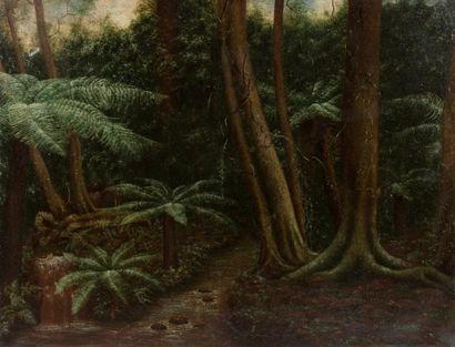 École du XXe siècle «Forêt tropicale»
Huile sur toile.
Signature illisible en bas...