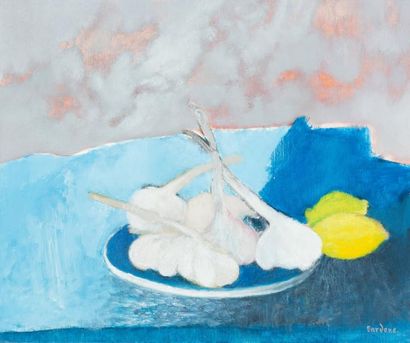Guy Bardone (1927-2015) «Ail et citrons aux tissus bleus»
Huile sur toile.
Signée...