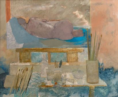 Guy Bardone (1927-2015) «Dormeuse au chevalet»
Huile sur toile.
Signée en bas à droite,...