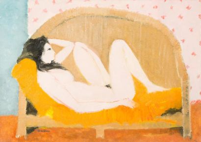 Guy Bardone (1927-2015) «Brune au canapé»
Huile sur toile.
Signée en bas à gauche,...