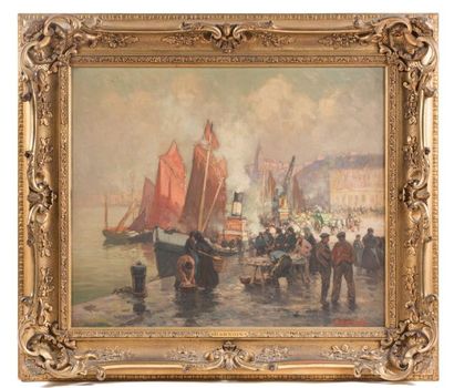 Henri BARNOIN (1882-1940) Les étals de poissons sur les quais du port
Huile sur toile.
Signée...