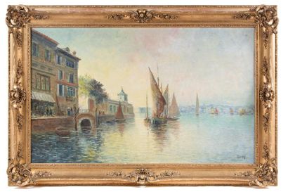 BORELY (XXe siècle) Voiliers à Venise, soleil couchant
Huile sur toile.
Signé en...