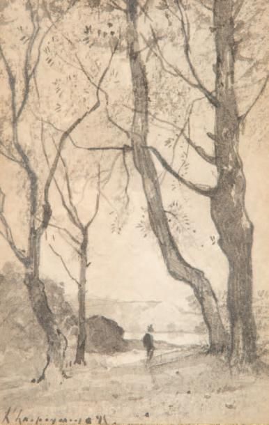Henri Jospeh HARPIGNIES (1819-1916) Promeneur dans un sous bois
Lavis d'encre.
Signé...