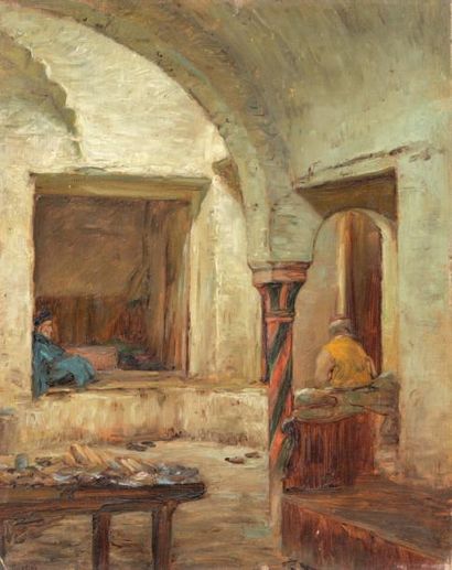 Georges HUET (1860-1935) Tailleurs dans les souks à Tunis, 1893
Huile sur toile marouflé...