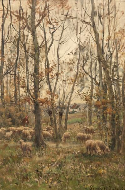 Auguste PREVOT-VALERI (1857-1930) Gardienne de troupeau de moutons
Huile sur toile.
Signée...