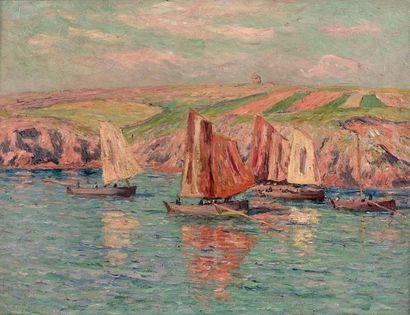 Henry MORET (1856-1913) Rentrée des bateaux à Doëlan, circa 1908-1910
Huile sur toile.
Titrée...