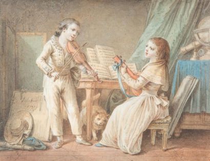 Jean-Baptiste HUET Deux allégories enfantines de la Musique et de la Peinture Aquarelles,...