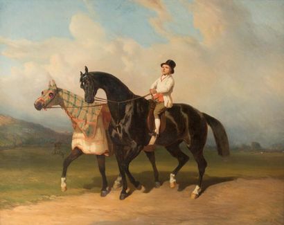 Alfred de DREUX (1810-1860) Groom en haut-de-forme et chevaux à la détente, dont...