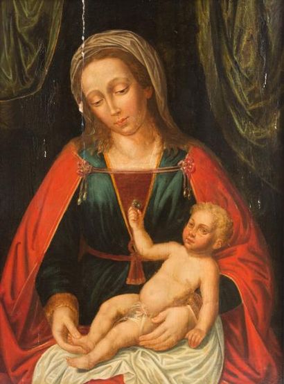 ÉCOLE FLAMANDE du début du XVIIe siècle Vierge à l'enfant
Panneau de chêne parqueté.
(Restaurations...