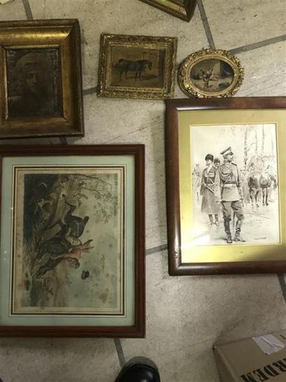 null Ensemble comprenant deux gravures de chasse, dessin à l'encre signé Edouard...