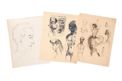 null Edouard GOERG (1893-1969)
Ensemble de trois oeuvres : 
Profil d'homme, autoportrait...
