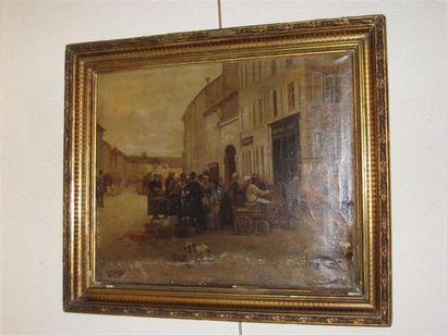 null Attribué à A.BARROIS (XIXème siècle)
Scène de marché devant le Salon de coiffure
Huile...