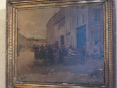 null Attribué à A.BARROIS (XIXème siècle)
Scène de marché devant le Salon de coiffure
Huile...