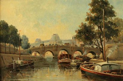  Exole XIXème , dans le goût de Gustave MADELAIN Vue du Louvre depuis la Seine Huile...