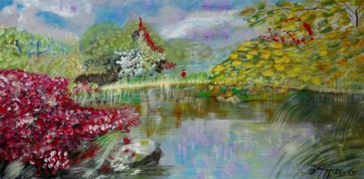 null Geneviève BAHU
1/ Peronnae au bord d'un lac fleuriAcrylique sur toile, signée...