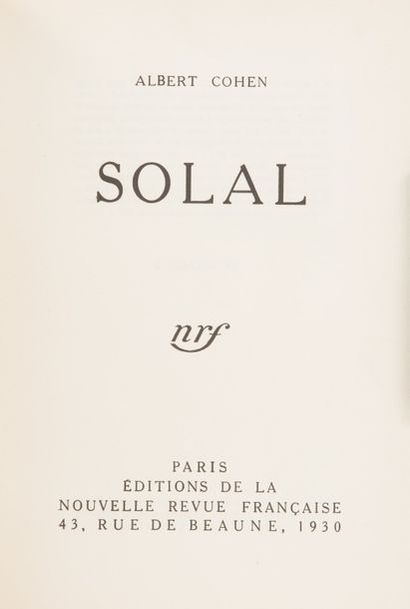 Albert COHEN. Solal. Paris, NRF, 1930 In-4, basane fauve, dos à 4 nerfs, couverture...
