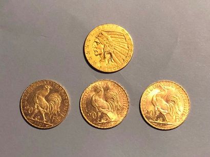 null FRANCE et USA
- 20 Francs or: 3 exemplaires, Coq, 1907 et 1912 (2 ex.)
- 5 Dollars...