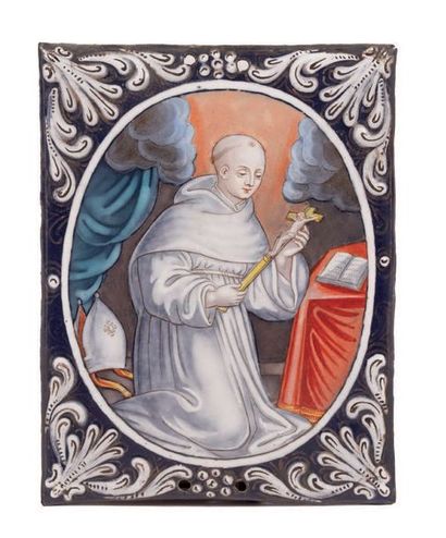 null Plaque en émail peint polychrome avec rehauts d'or représentant saint Bruno,...
